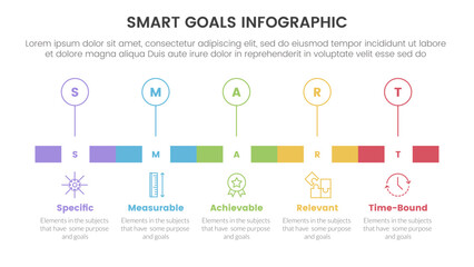 SMART goals setting framework infographic with timeline rectangle box and outline circle point with 5 step points for slide presentation