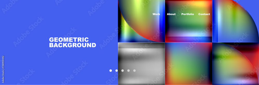 Poster A vibrant geometric pattern featuring colorful rectangles and circles on an electric blue background. The design exudes symmetry and transparency, perfect for a modern office application software