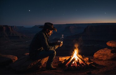 Cowboy sitting on a campfire drinking coffee