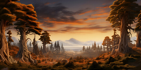 a landscape of a forest at sunset natural beauty peacefulness background - obrazy, fototapety, plakaty