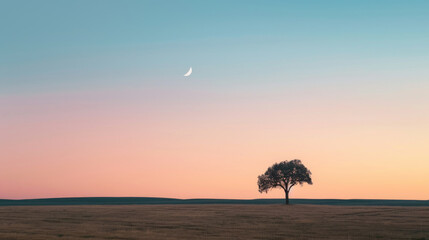 Lone tree under a twilight canopy with crescent moon and stars in a pastel sunset sky