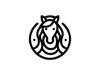 Black and white Uncomplicated logo with a charming cheerful pony.