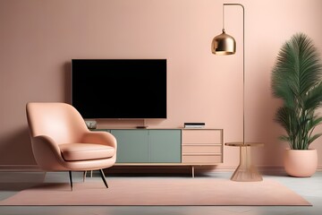 A chic living room with a pink wall, leather armchair, and TV, creating a cozy and stylish ambiance.