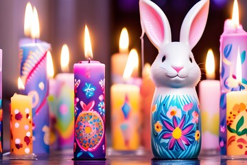 A bunny surrounded by colorful candles, a cheerful Happy Easter candle adorned with vibrant colors and patterns standing tall with flickering flames.