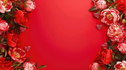 A vibrant and festive border featuring peonies and hearts set against a bold red backdrop perfect for creating greeting cards for occasions like Valentine s Day Women s Day and Mother s Day