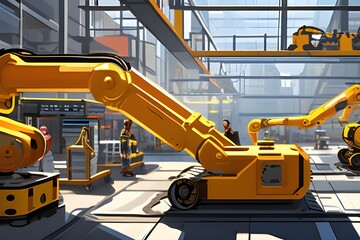 Robots and people working together on a busy factory floor, showcasing the integration of AGVs and robotic arms in transportation task.