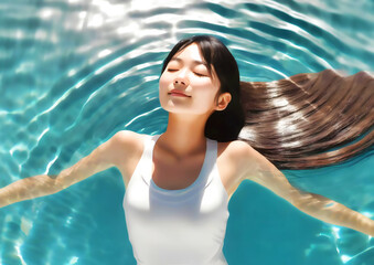プールで泳ぐ若い女性