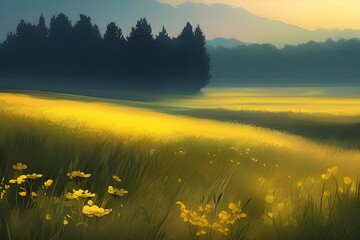 Soft focus golden hour meadow with yellow flowers and grass, blurred foreground, abstract landscape.