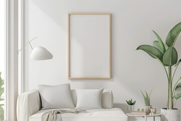 Scandinavian style living room with poster mockup created with generative ai