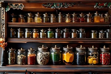 1. Chinese herbal medicine Tianma arranged on wooden apothecary, traditional and meticulously organized.