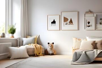 A charming mockup of a child's bedroom in the Scandinavian style, featuring a white bed, a chair, and a dog.