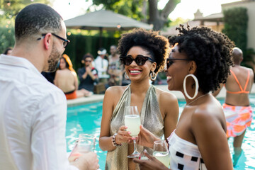 Smiling faces enjoying a chic poolside summer party
