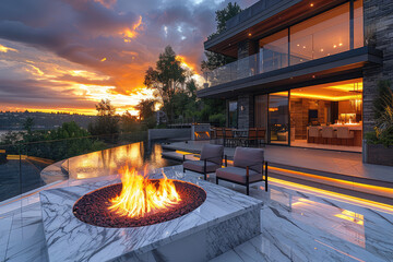 A modern, luxury home on the shore of Lake Wanag ООО lake with a fire pit and sunset view. Created with Ai - obrazy, fototapety, plakaty