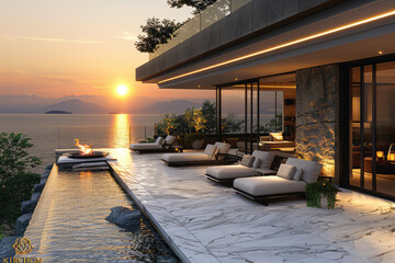  A stunning modern home on the shore of Lake Destroyer with an outdoor fire pit, views of the sunset. Created with Ai