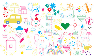 Children school, kindergarten vector doodle set. Cute daycare hand drawn flower, toy, animal elements. Childish cute preschool activity, education doodle background. Childish cute preschool activity, 