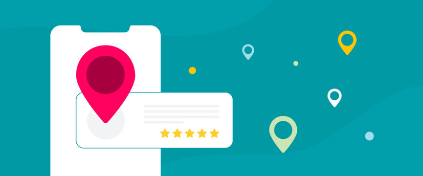 Local SEO strategy for small businesses. Local search listings with map and ratings. Customer satisfaction and growth by managing reviews and complaints effectively. Vector horizontal illustration