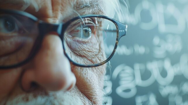 An image of a statistician glasses perched on their nose as they examine a whiteboard filled with equations and calculations. .