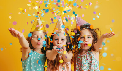 Three children blowing confetti from their hands on yellow background, wearing birthday hats and colorful dresses