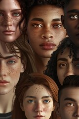 Obraz premium A group of people with different skin tones and eye colors. They all have freckles.