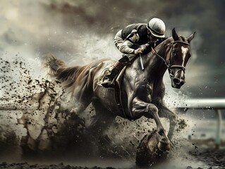 the thrilling moment of a lone jockey on horseback competing in a nail-biting race, perfect for showcasing the excitement of equestrian sports