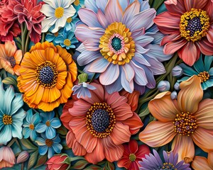 A variety of flowers are shown in a 3D-like, painterly style.