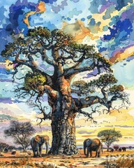 An elephant family under a big baobab tree in the savanna
