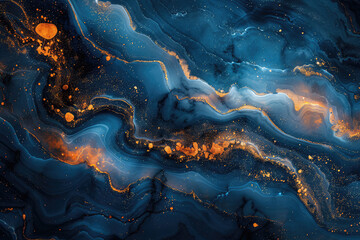 Abstract blue and gold swirls with golden glitter on a dark background. Abstract fluid art in the style of marble texture and sea waves. Created with Ai