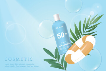 Sunscreen product ads template on water background with swim ring and leaves.