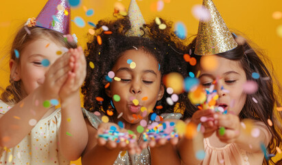 Three children blowing confetti from their hands on yellow background, wearing birthday hats and colorful dresses