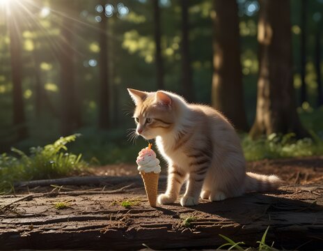 Kitten eating ice cream cone in the forest bathed in sunlight. AI generated.
