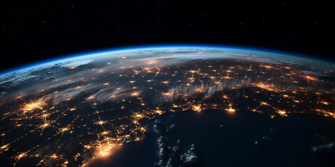 Glowing City Lights: Earth from Space, blue horizon, black sky