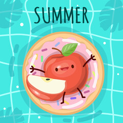 Rubber ring, lifebuoy, floating on the water in the pool, cartoon character apple. Vector illustration in flat style.