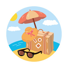 Cute hand drawn travelling round icon. Tourism and camping adventure icon. Сlipart with travelling elements, suitcase, sunglasses, straw hat, beach umbrella, sea, beach.