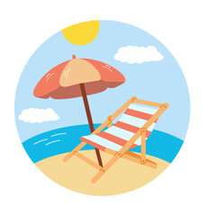 Cute hand drawn travelling round icon. Tourism and camping adventure icon. Сlipart with travelling elements, lounge chair, beach umbrella, sea, beach.