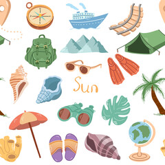 Hand-drawn colored travel seamless pattern. Tourism and camping adventure. Сlipart with travelling elements.