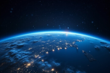 Fototapeta premium Glowing City Lights: Earth from Space, blue horizon, black sky