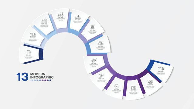 Blue tone circle infographic with 13 steps, process or options.
