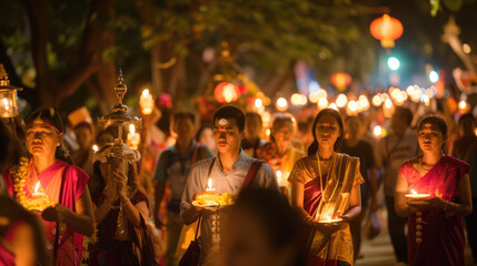 A solemn procession of devotees carrying candles and offerings