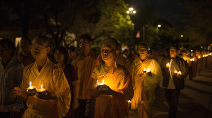 A solemn procession of devotees carrying candles and offerings