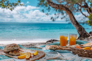 A picnic scene with food and glass of orange juice drink on picnic blanket at beach