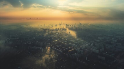 A panoramic image of a city with overlays of pollution levels and suggestions for geomedicine...