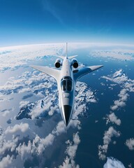 Supersonic jet over continents, blue sky, medium shot, shrinking distances