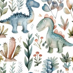 Jurassic era seamless pattern in watercolor, charming dinosaurs, pastel vegetation, dreamy for nursery walls