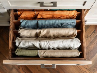 Drawer open, assortment of fabric napkins, organized home, waste reduction, top view