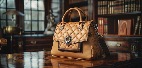 A structured satchel bag in timeless tan, placed neatly on a wooden desk, offering both style and functionality for the modern professional woman