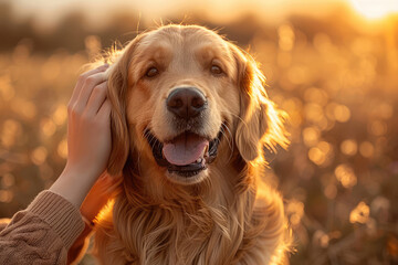  A happy golden retriever dog being petted in the style of its owner in the sunset, with a focus on their face and ears. Created with Ai
