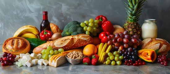 Assortment of food items against a grey backdrop