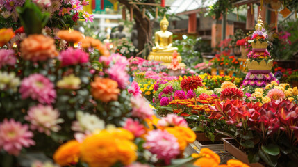 Fototapeta na wymiar Colorful floral offerings arranged in reverence during Vesak
