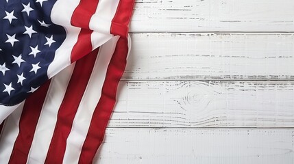 A close-up shot of the American flag positioned off-center on a white wooden surface, leaving room for text or logos on the opposite side.