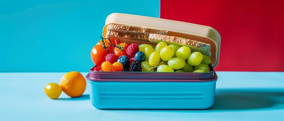 Vibrant school lunch box, neatly arranged food, plain light background, side angle, soft daylight